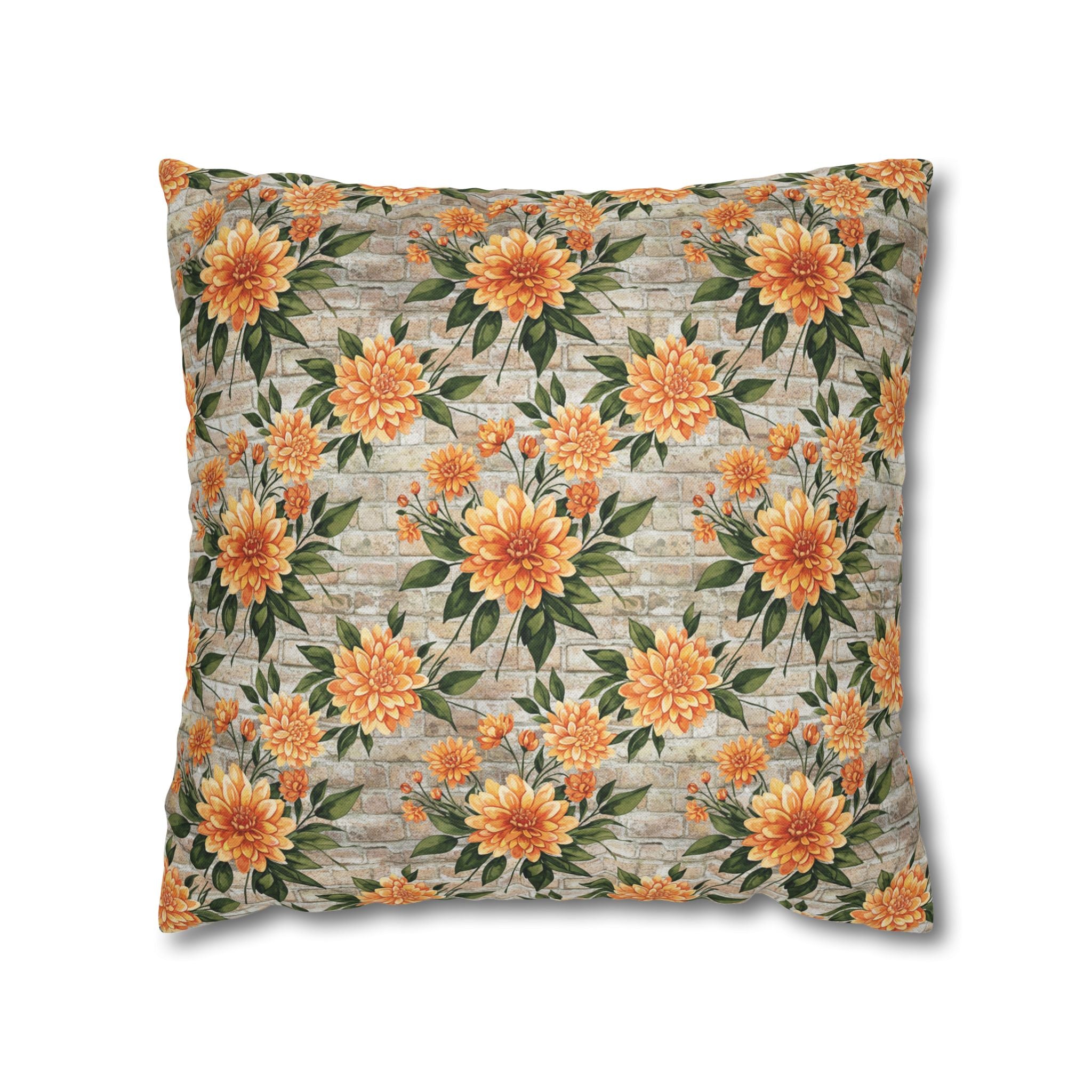 The Artisanal Flora Gallery Floral Sunburst Square Pillowcase — Orange Dahlia Botanical Throw Pillow Cover - Creations by Chris and Carlos
