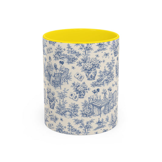 Blue Toile Accent Coffee Mug — Vintage Tea Party Pattern, Pink Interior (11/15 oz) - Creations by Chris and Carlos