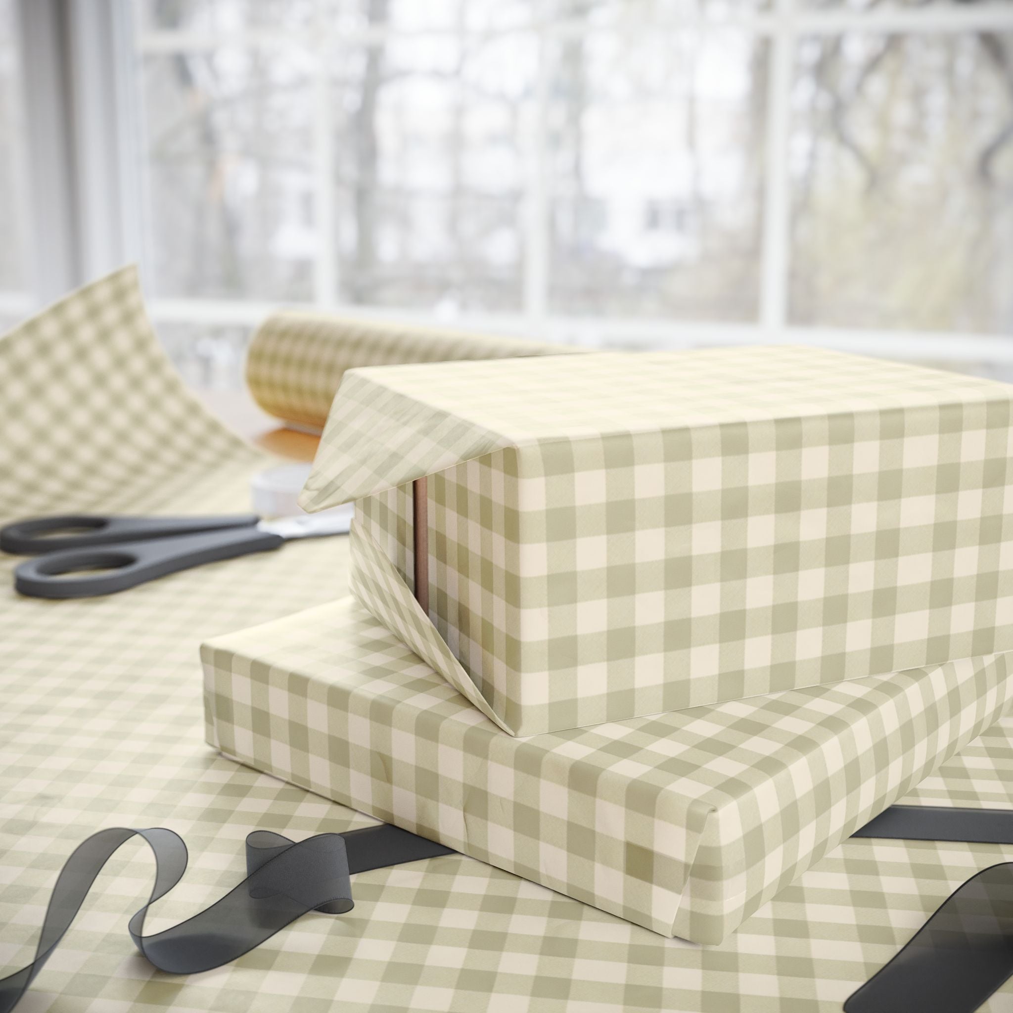Plaid Wrapping Paper Roll — Neutral Beige Buffalo Check Gift Wrap - Creations by Chris and Carlos