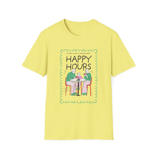 Happy Hours T-Shirt — Illustration of Friends Drinking at Cafe - Creations by Chris and Carlos