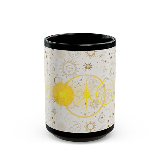 Celestial Sun & Moon Black Mug — Golden Astrology Pattern (11oz/15oz) - Creations by Chris and Carlos