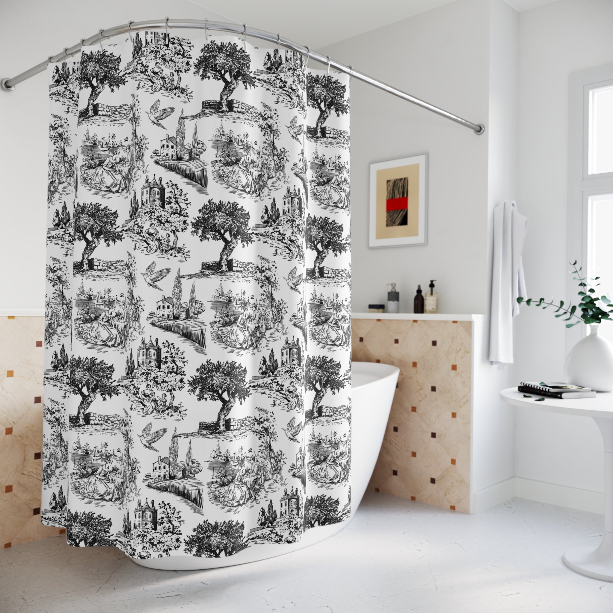Whispers of Toile- Vintage Botanical Shower Curtains, Elegant Home Decor, Nature-Inspired Bathroom, Gift for Botanists, Rustic Farmhouse Style - Creations by Chris and Carlos