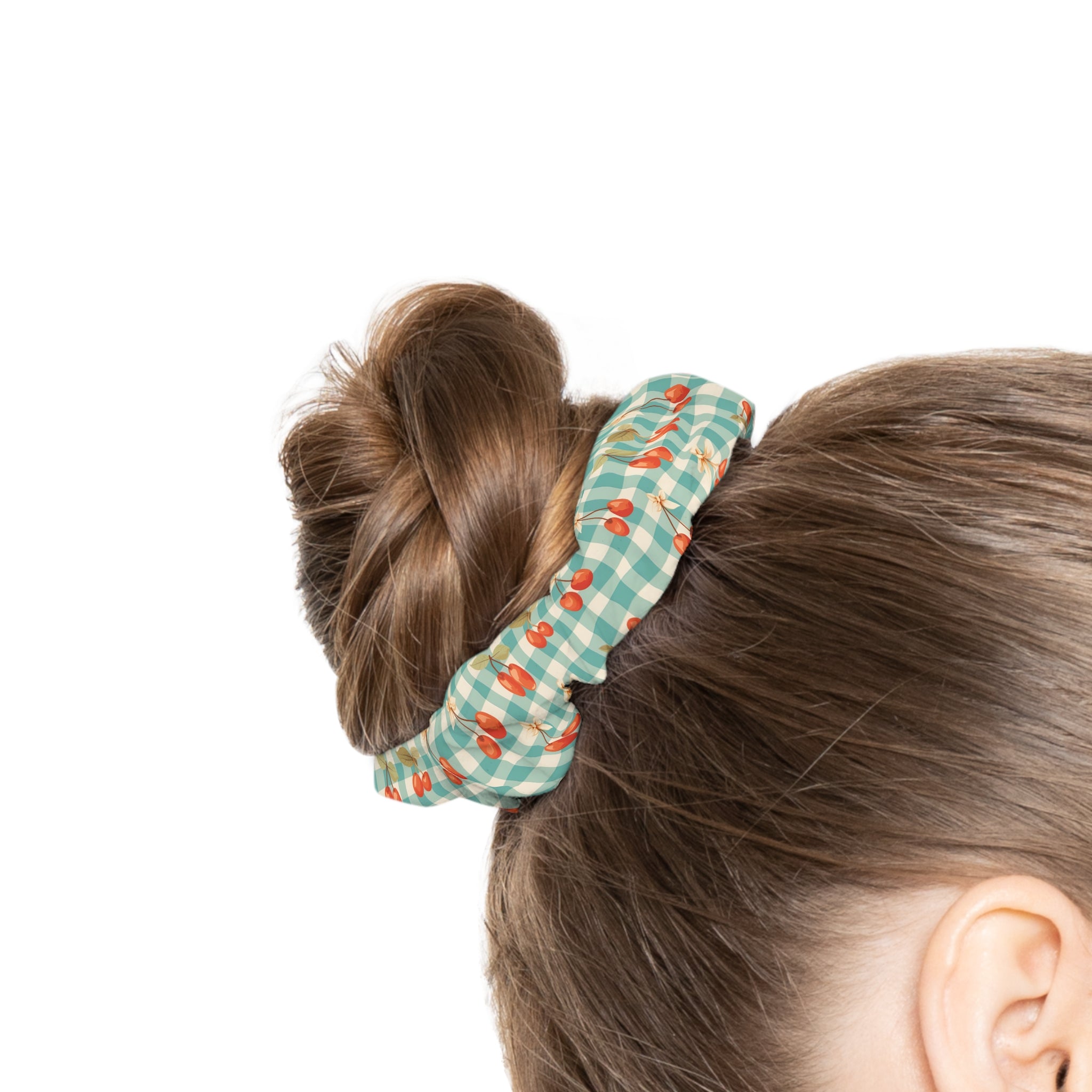 Cherry Gingham Scrunchie — Retro Teal Check Hair Accessory - Creations by Chris and Carlos