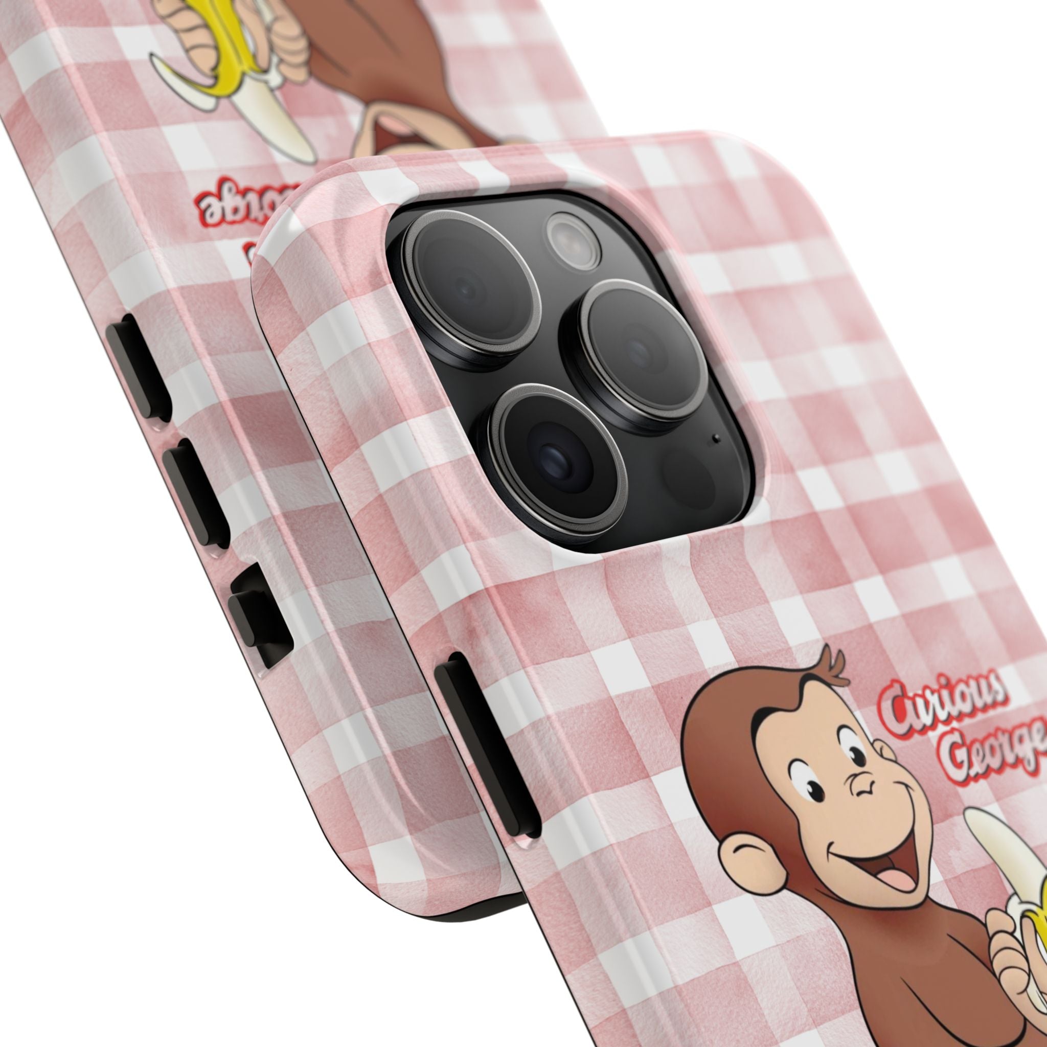 Curious George Banana Tough Phone Case — Cute Kids iPhone Cover, Pink Gingham Protective Case - Creations by Chris and Carlos