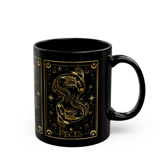 Pisces Zodiac Black Mug — Gold Astrological Fish Coffee Cup (11oz, 15oz) - Creations by Chris and Carlos