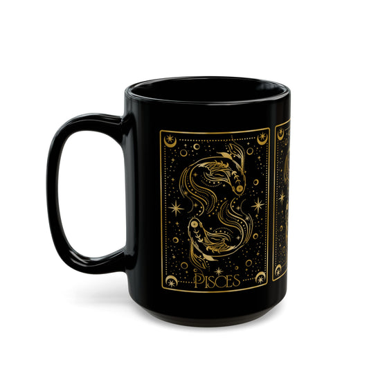 Pisces Zodiac Black Mug — Gold Astrological Fish Coffee Cup (11oz, 15oz) - Creations by Chris and Carlos