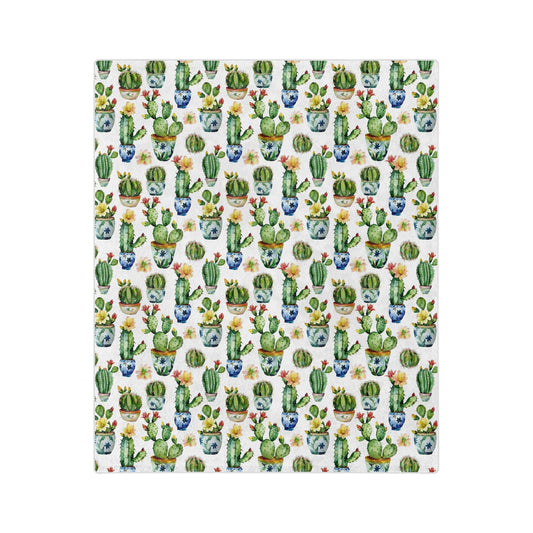 Sol y Alegría (Sun and Joy) Collection- Cactus Succulent Pattern Microfiber Blanket Soft Velveteen Throw for Home & Garden Lovers - Creations by Chris and Carlos