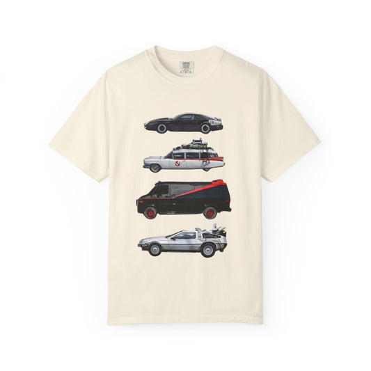Classic TV Movie Car Stack T-Shirt — KITT, Ghostbusters, A-Team & DeLorean Tribute - Creations by Chris and Carlos
