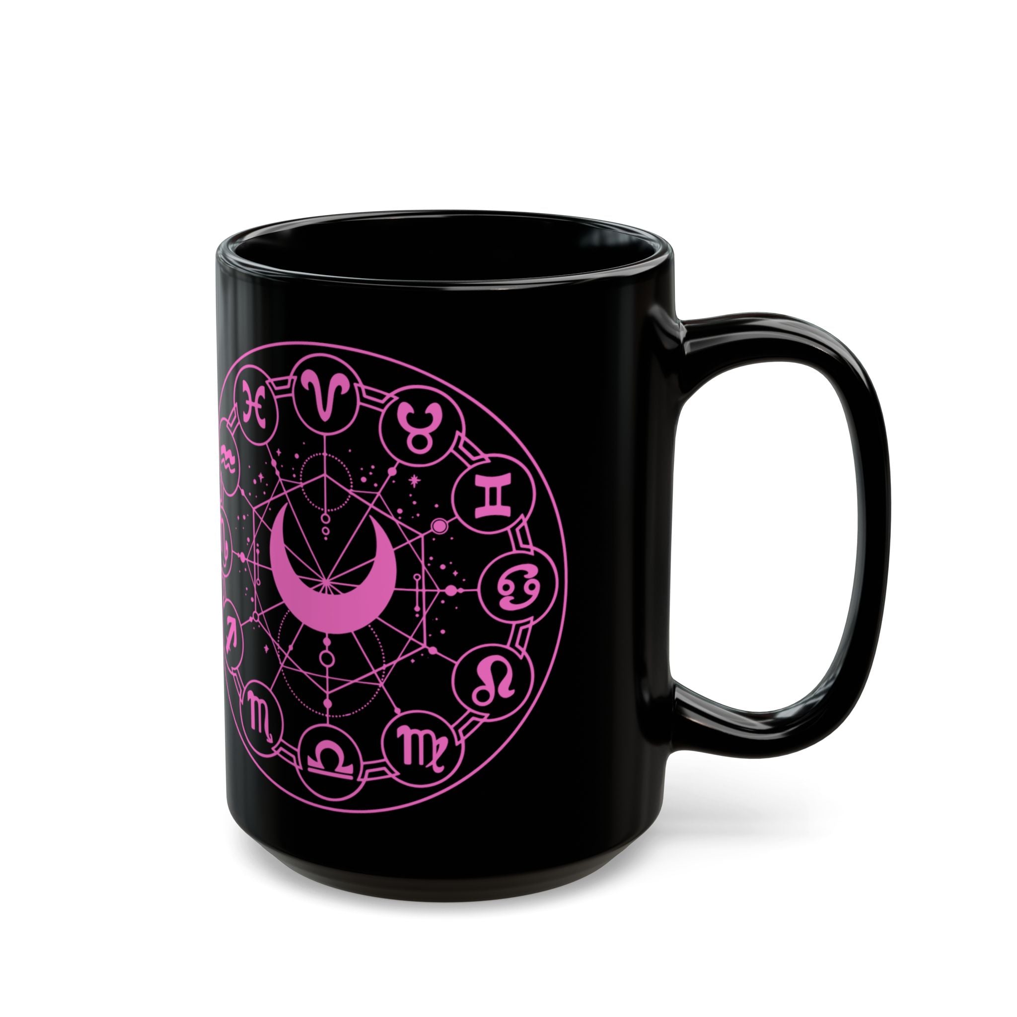 Zodiac Wheel Black Mug — Pink Astrology Symbols Coffee Cup (11oz/15oz) - Creations by Chris and Carlos