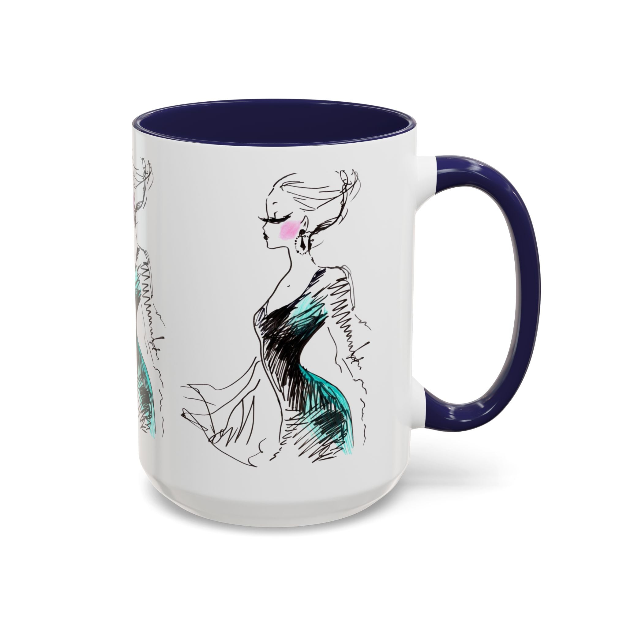 Fashion Sketch Accent Coffee Mug — Chic Hand-Drawn Dress Illustration (11/15 oz) - Creations by Chris and Carlos