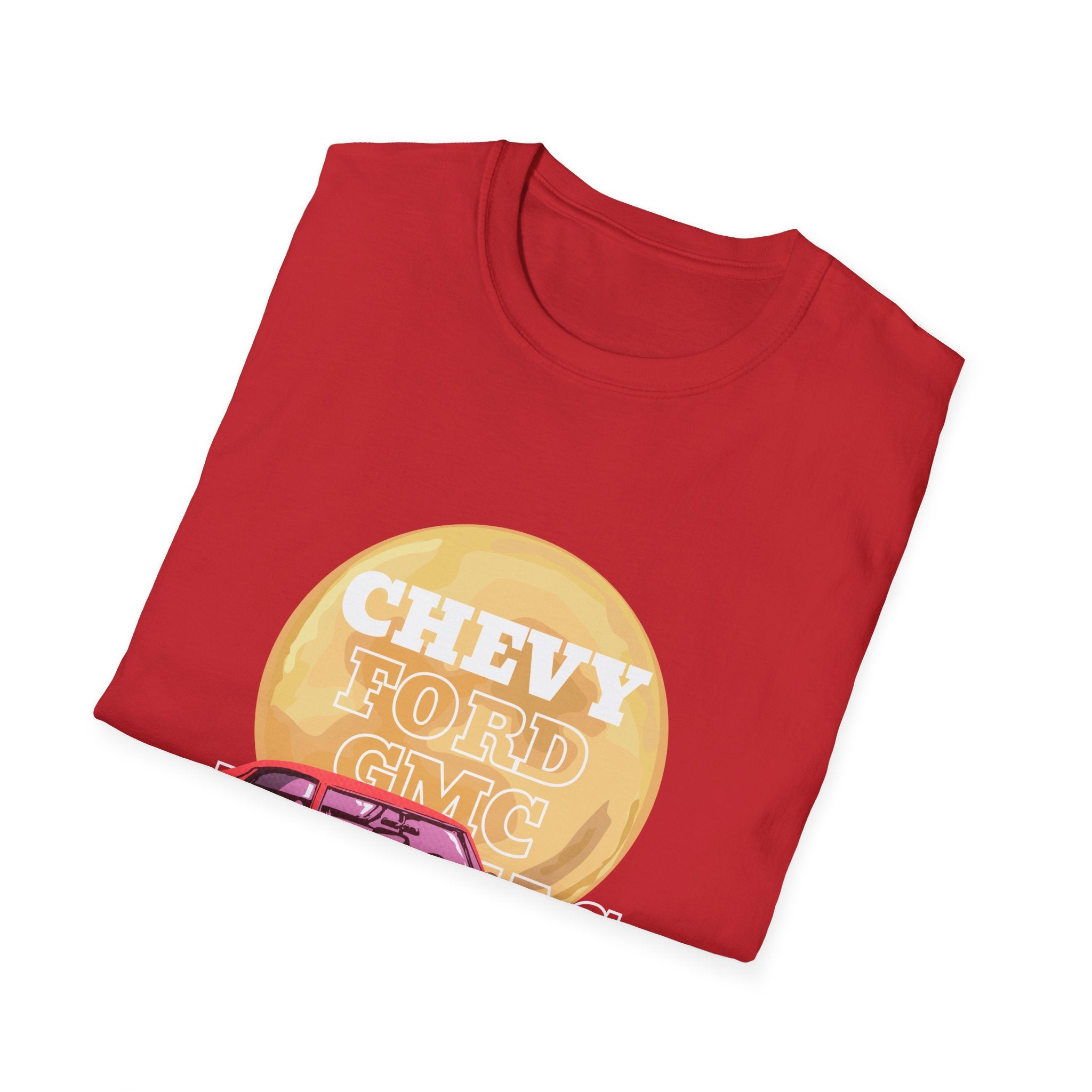 Vintage Muscle Car T-Shirt — "Chevy Ford Come Racing" Retro Red Classic Car Tee - Creations by Chris and Carlos