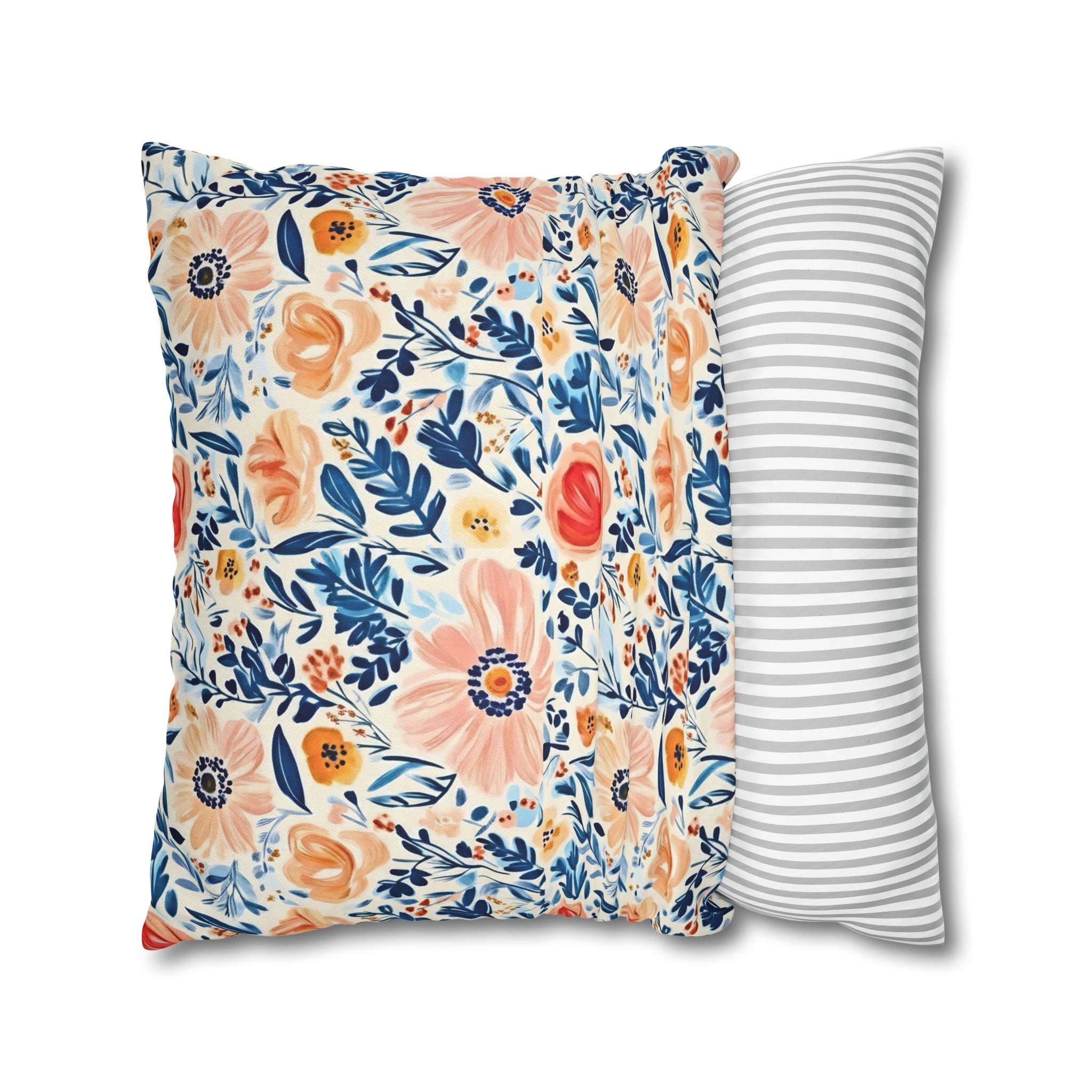 The Artisanal Flora Gallery Floral Watercolor Throw Pillow Cover — Peach & Navy Garden Pattern - Creations by Chris and Carlos