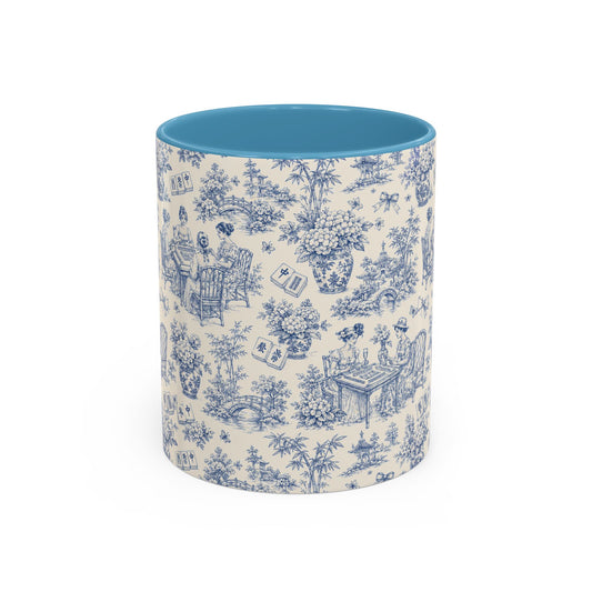 Blue Toile Accent Coffee Mug — Vintage Tea Party Pattern, Pink Interior (11/15 oz) - Creations by Chris and Carlos