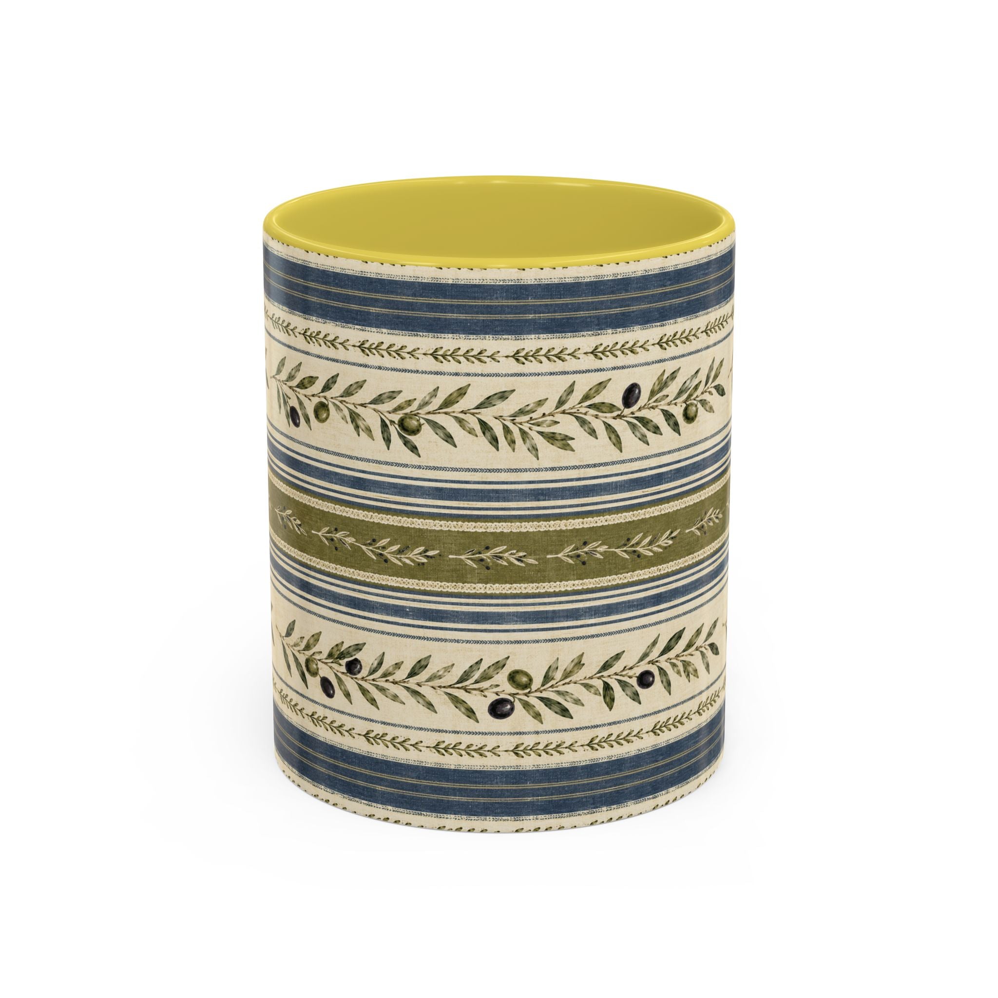 Botanical Stripe Ceramic Mug — Olive & Navy Patterned Coffee Cup (11oz/15oz) - Creations by Chris and Carlos