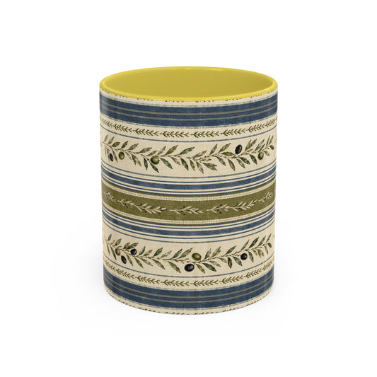 Botanical Stripe Ceramic Mug — Olive & Navy Patterned Coffee Cup (11oz/15oz) - Creations by Chris and Carlos