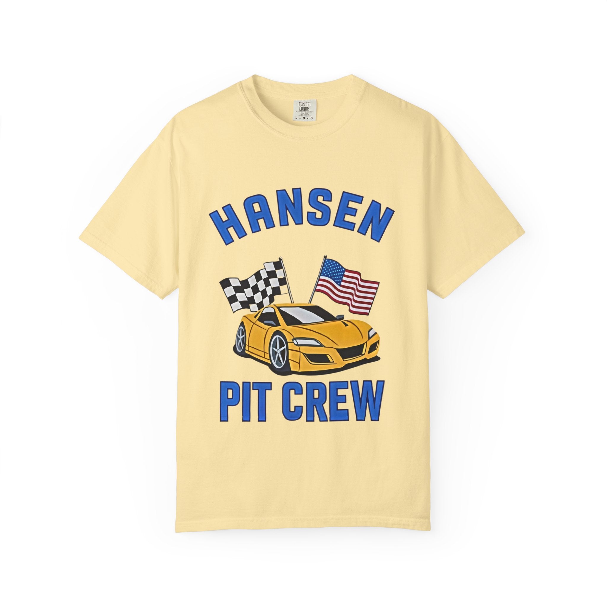 The Pitt TV Show Pit Crew Racing T‑Shirt — 'Hansen' Sports Car with Checkered Flag & American Flag - Creations by Chris and Carlos