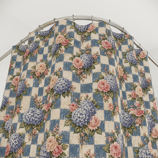 Vintage Floral Patchwork Shower Curtain — Blue Hydrangea & Rose Bathroom Decor - Creations by Chris and Carlos