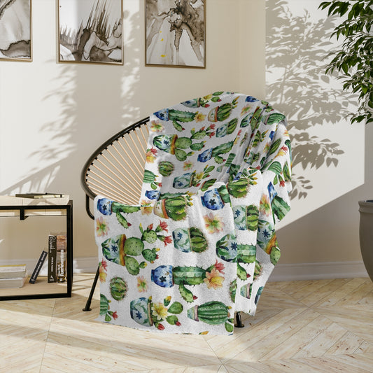 Sol y Alegría (Sun and Joy) Collection- Cactus Succulent Pattern Microfiber Blanket Soft Velveteen Throw for Home & Garden Lovers - Creations by Chris and Carlos