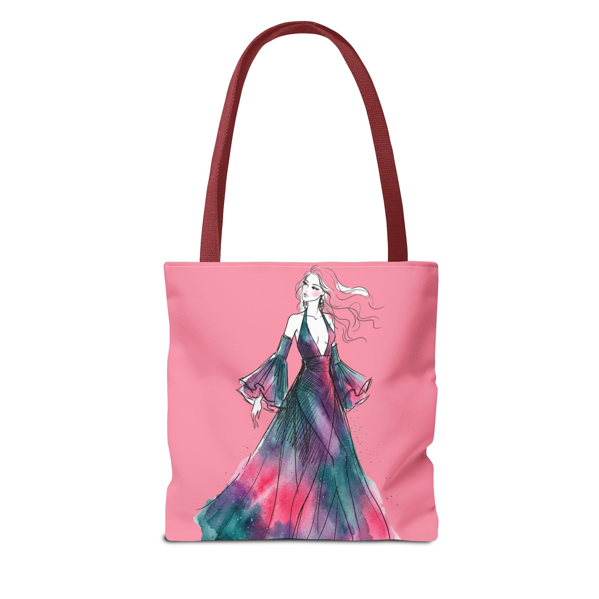 Pink Watercolor Fashion Tote Bag — Elegant Woman in Flowing Dress AOP - Creations by Chris and Carlos