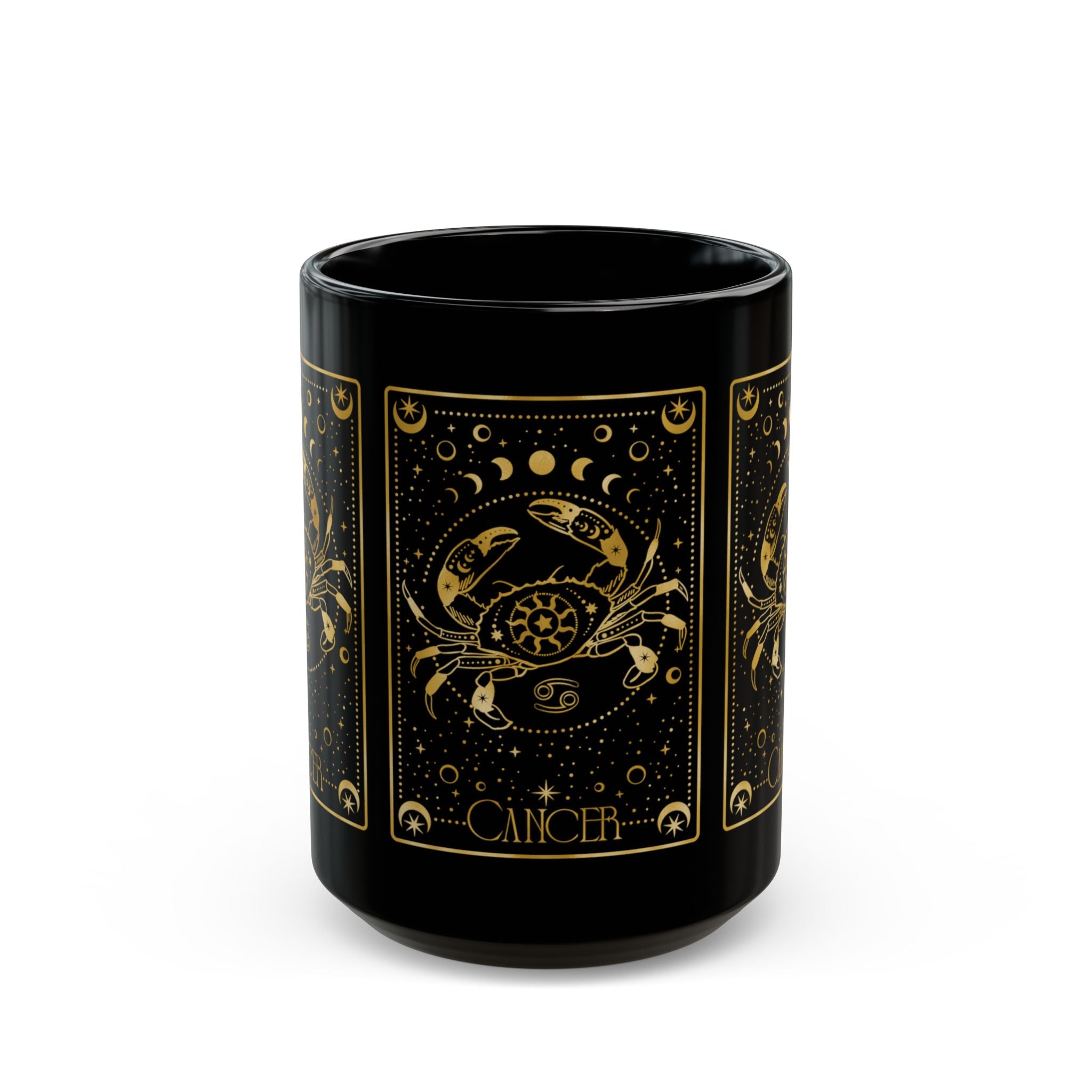 Cancer Zodiac Black Mug — Gold Astrological Tarot-Style Coffee Cup (11oz/15oz) - Creations by Chris and Carlos