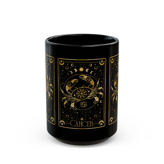 Cancer Zodiac Black Mug — Gold Astrological Tarot-Style Coffee Cup (11oz/15oz) - Creations by Chris and Carlos