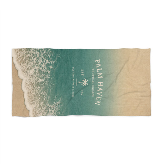 Palm Haven Beach Towel — Vintage Coastal Waves Design - Creations by Chris and Carlos