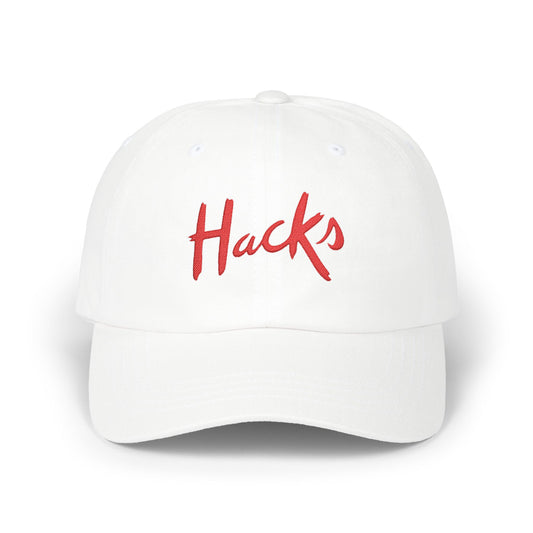 Dad Cap "Hacks" Embroidered Baseball Hat — Casual White Adjustable Hat - Creations by Chris and Carlos