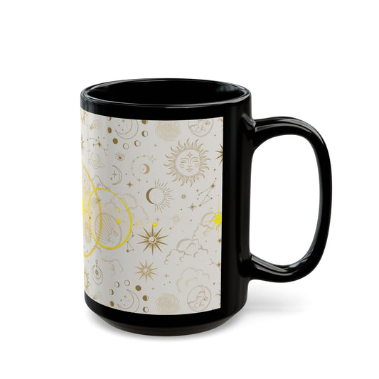 Celestial Sun & Moon Black Mug — Golden Astrology Pattern (11oz/15oz) - Creations by Chris and Carlos