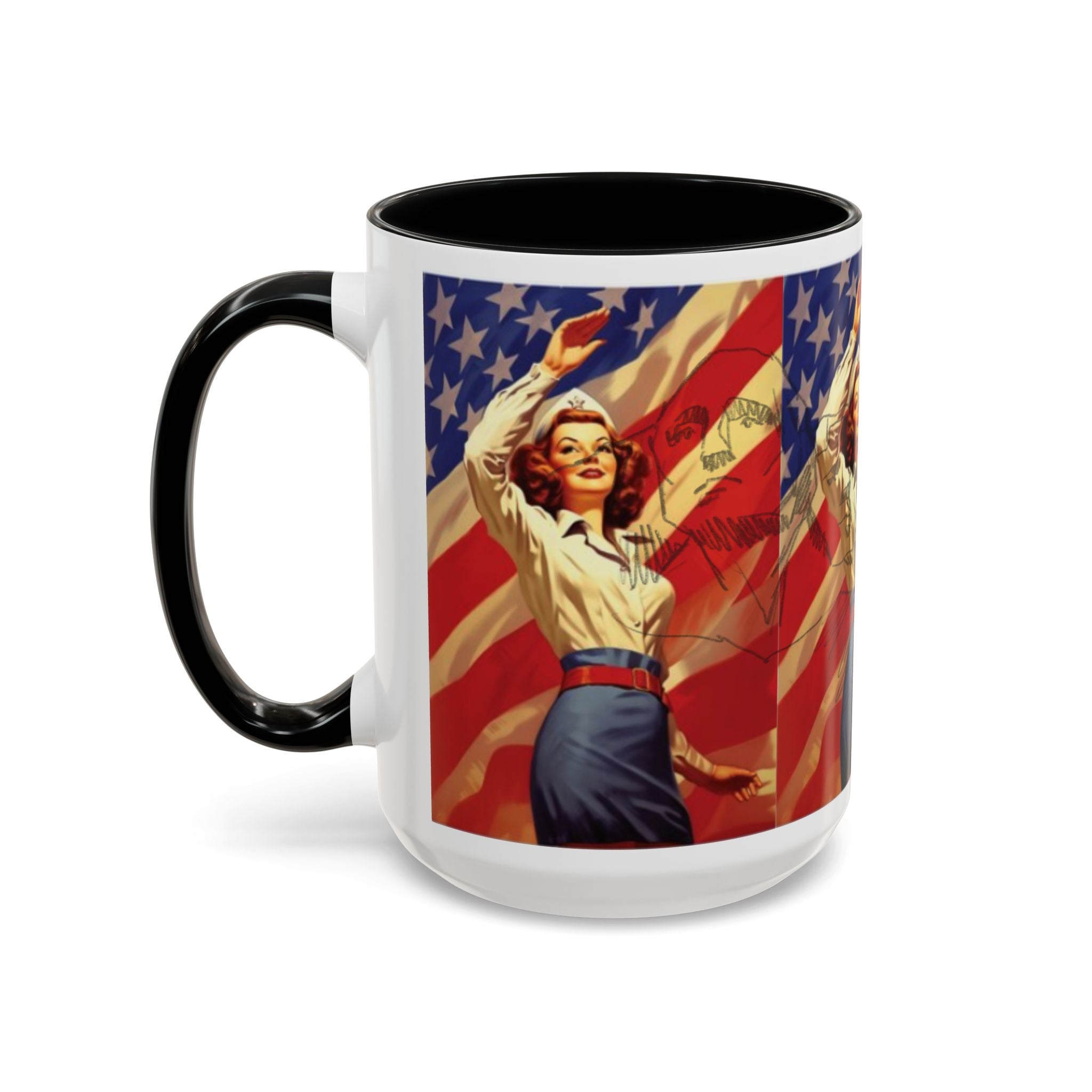 Patriotic Pin-Up Coffee Mug — Vintage American Flag Accent (11/15 oz) - Creations by Chris and Carlos