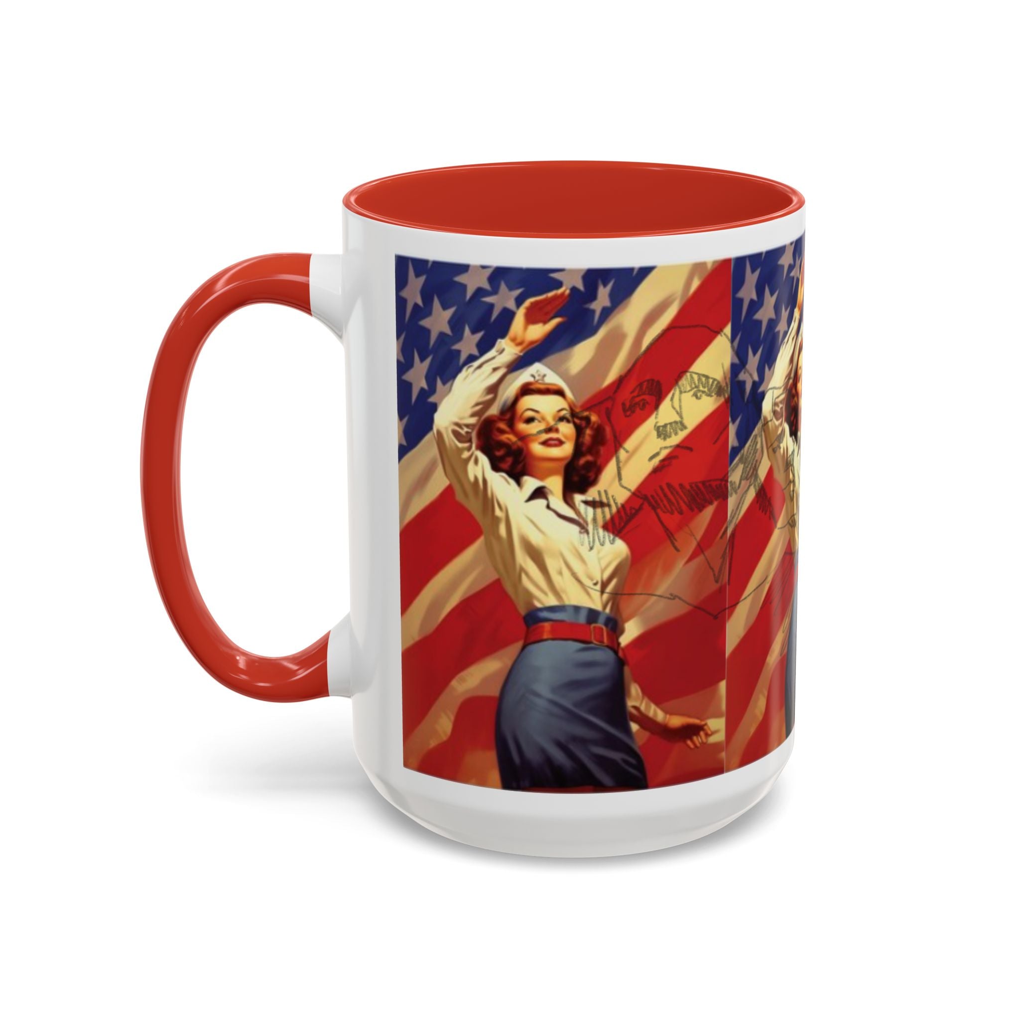 Patriotic Pin-Up Coffee Mug — Vintage American Flag Accent (11/15 oz) - Creations by Chris and Carlos