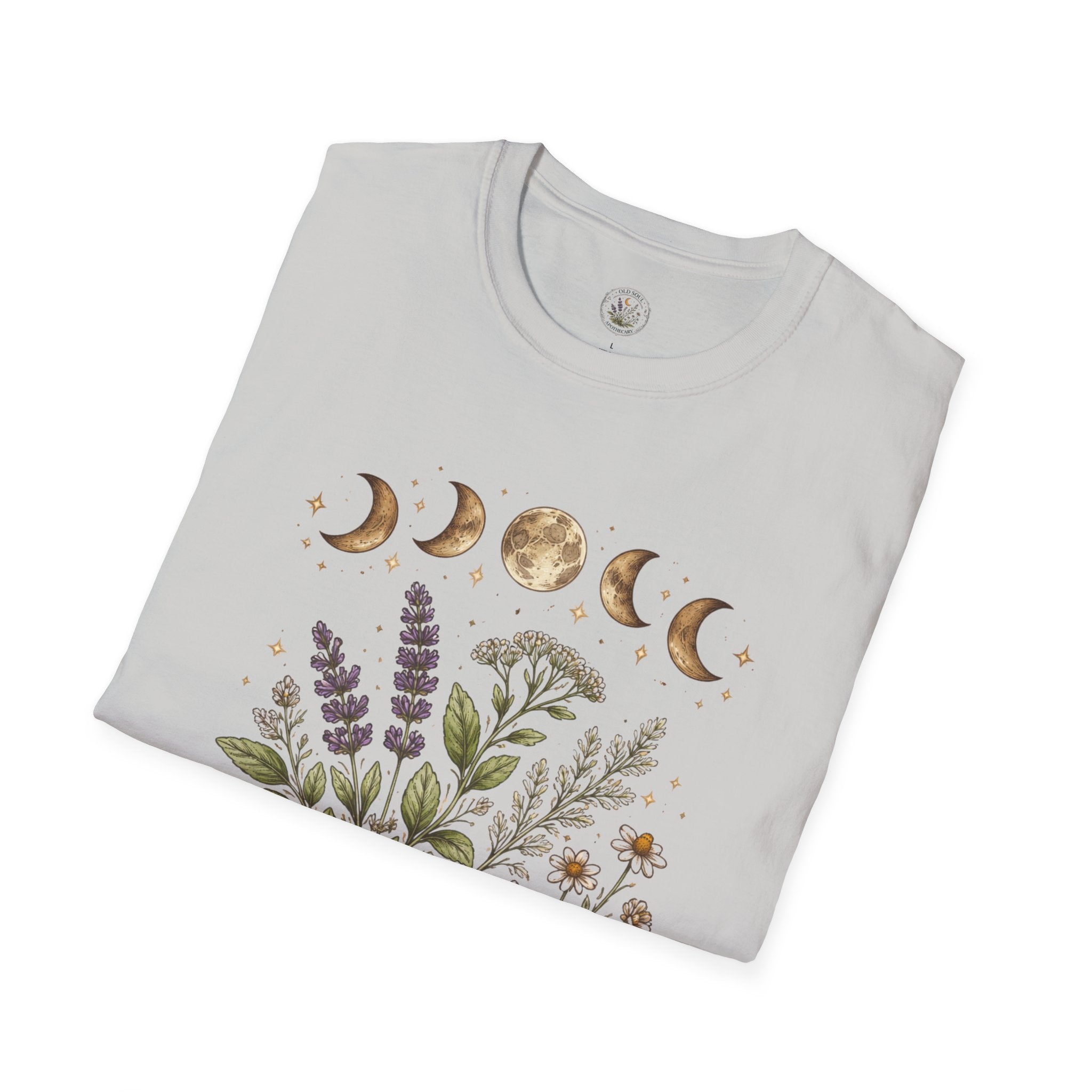 Old Soul Apothecary Botanical Moon Phase T-Shirt — Floral Moon Phases Tee - Creations by Chris and Carlos