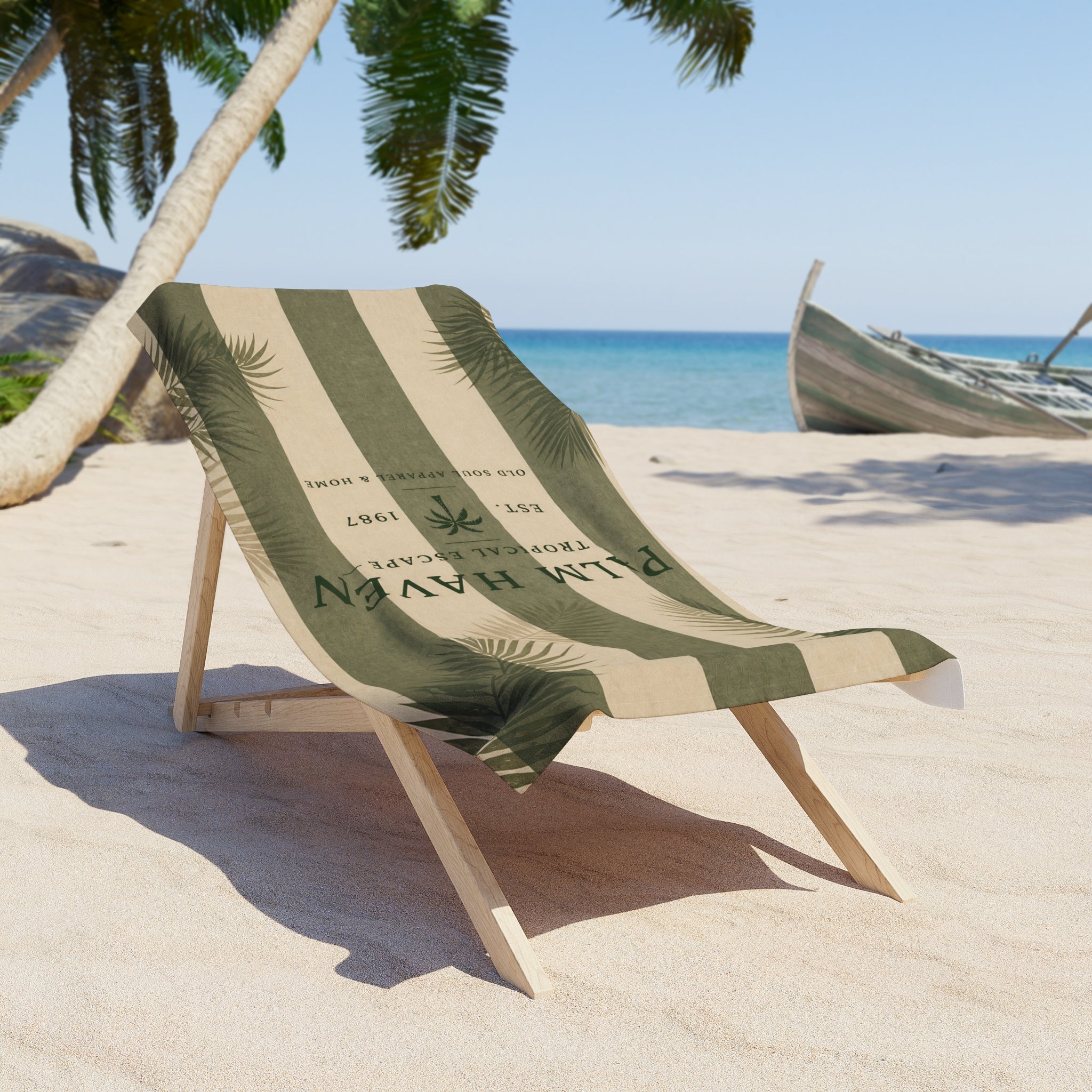 Palm Haven Striped Beach Towel – Tropical Resort Vibes, Palm Leaf Design - Creations by Chris and Carlos
