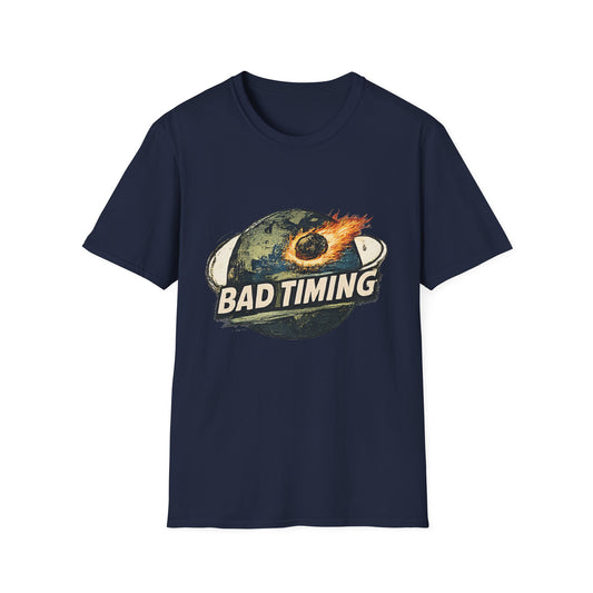 Bad Timing Graphic T-Shirt — Retro Meteor Earth Design - Creations by Chris and Carlos