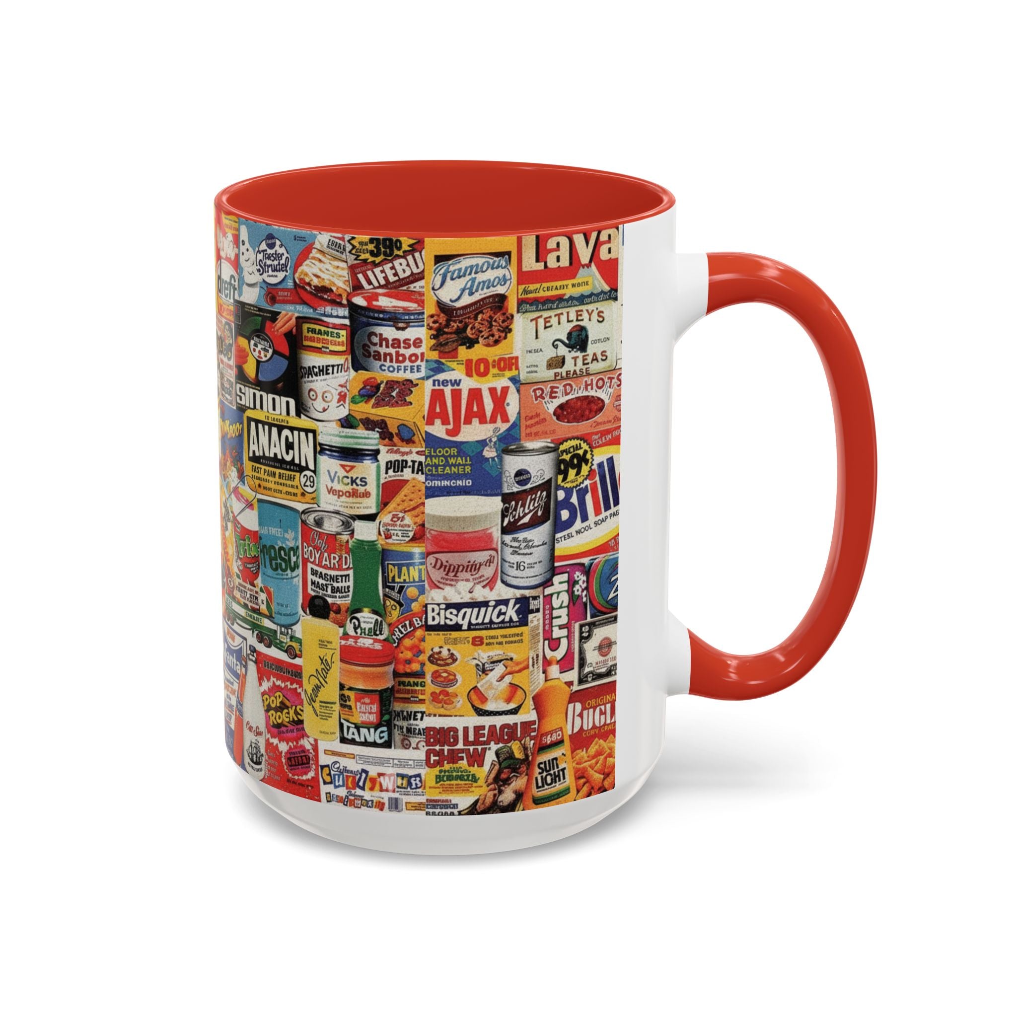 Vintage Retro Ads Coffee Mug — Collage of Classic Brand Labels (11/15oz Accent Mug) - Creations by Chris and Carlos