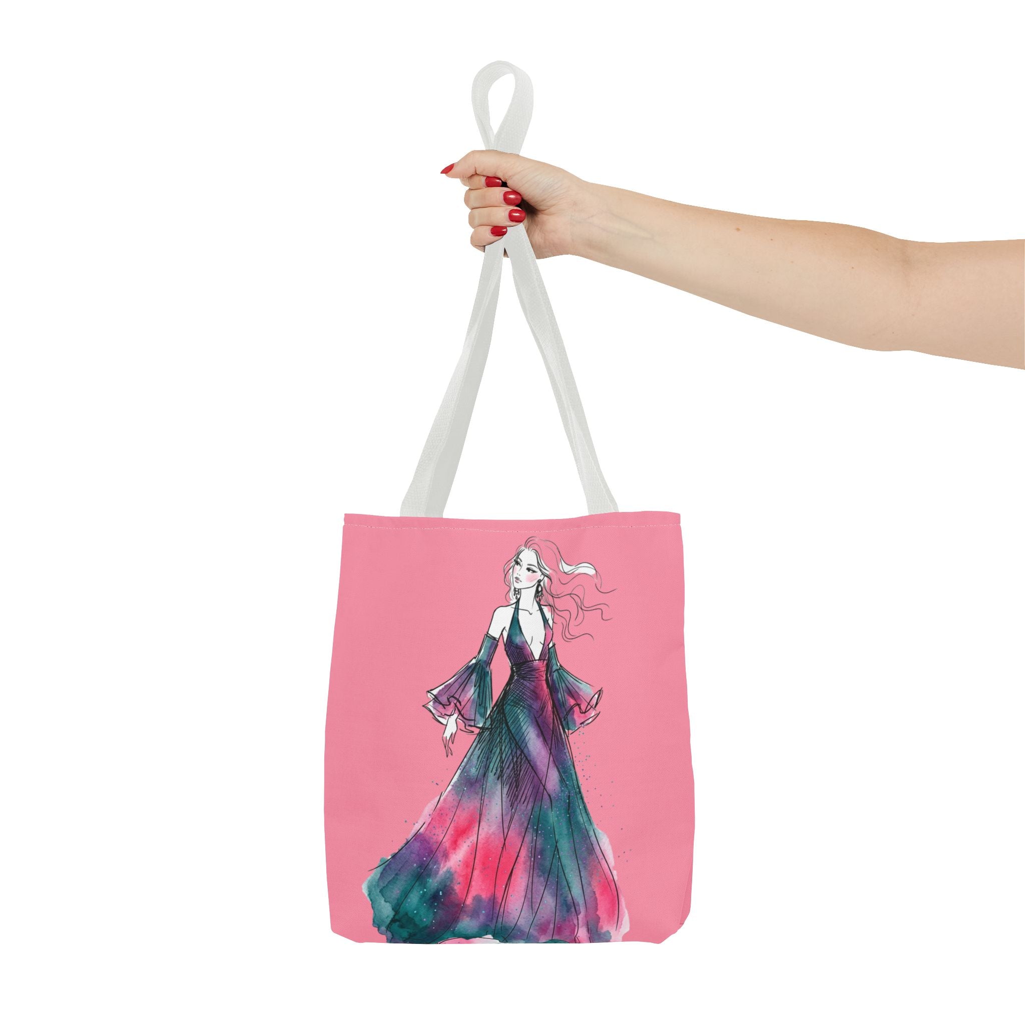 Pink Watercolor Fashion Tote Bag — Elegant Woman in Flowing Dress AOP - Creations by Chris and Carlos