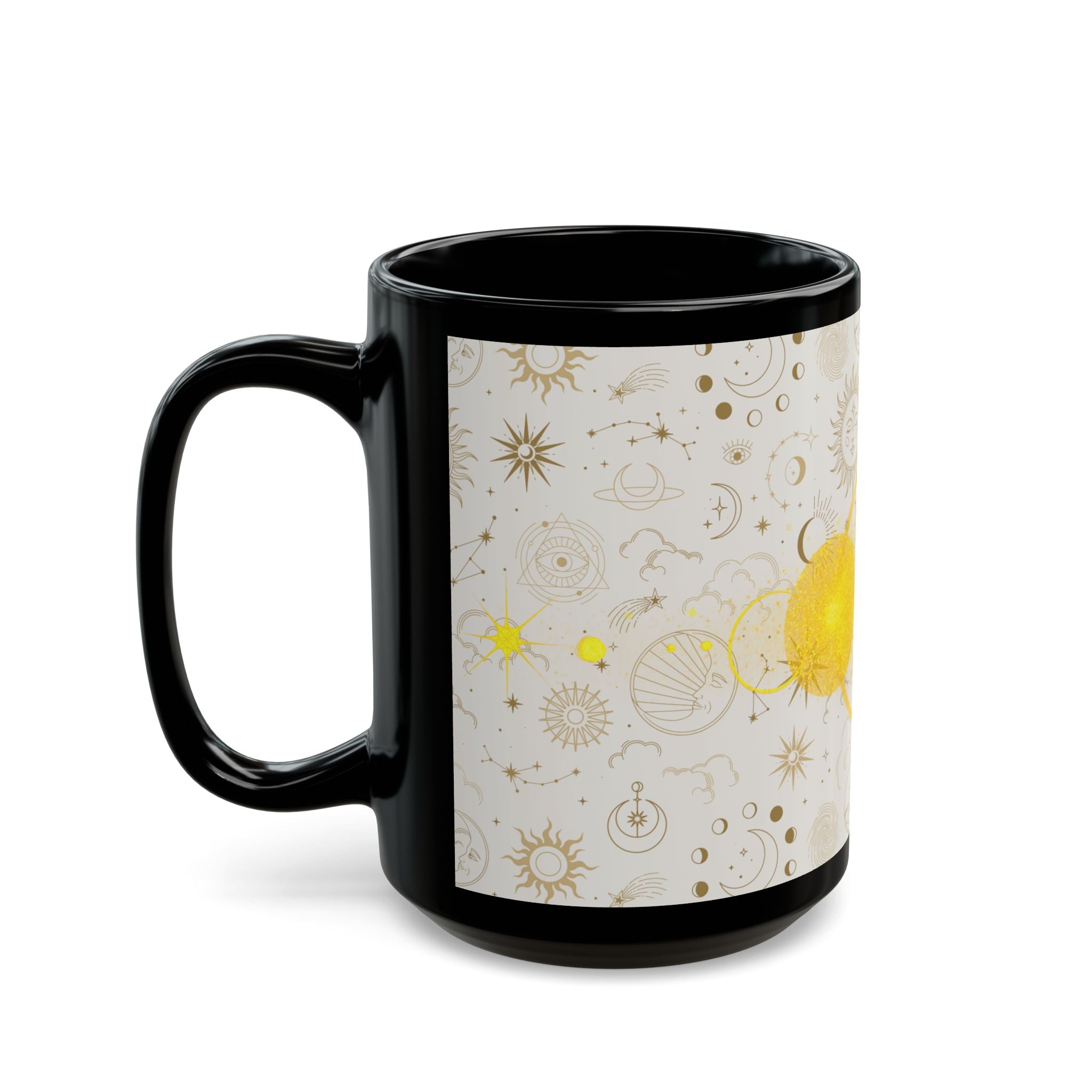 Celestial Sun & Moon Black Mug — Golden Astrology Pattern (11oz/15oz) - Creations by Chris and Carlos