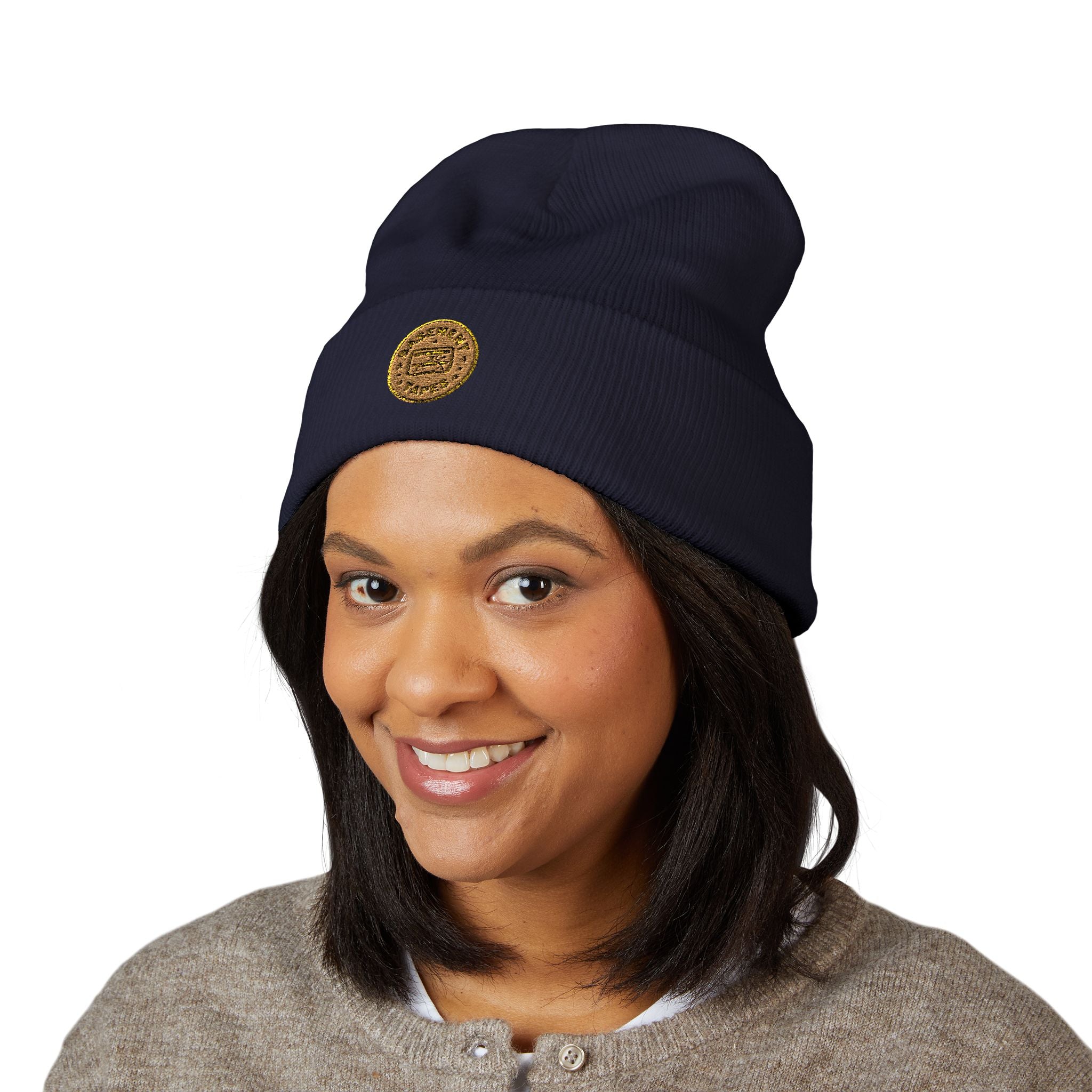 Embroidered Gold Coin Cuffed Beanie — Classic Knit Winter Hat - Creations by Chris and Carlos