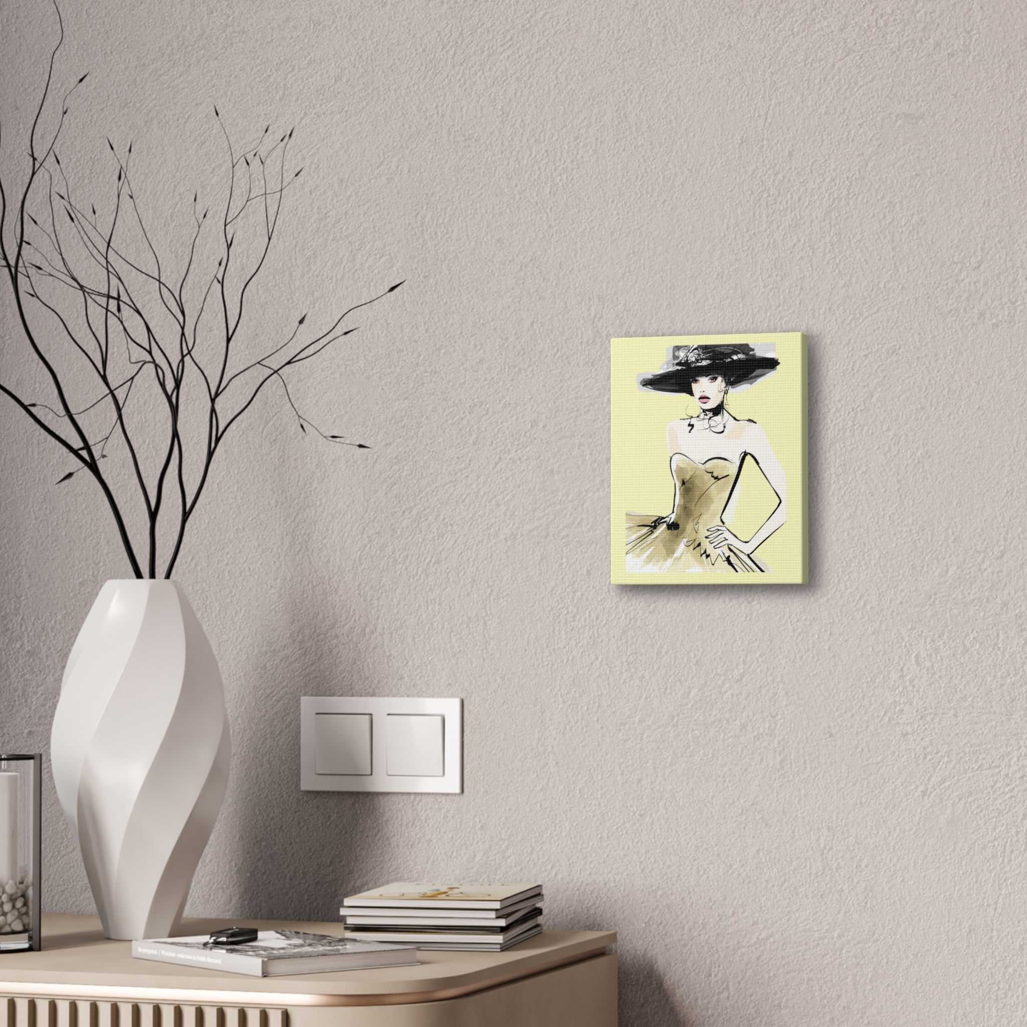 Fashion Illustration Canvas Wall Art - Elegant Woman in Gold Dress (Stretched Canvas) - Creations by Chris and Carlos