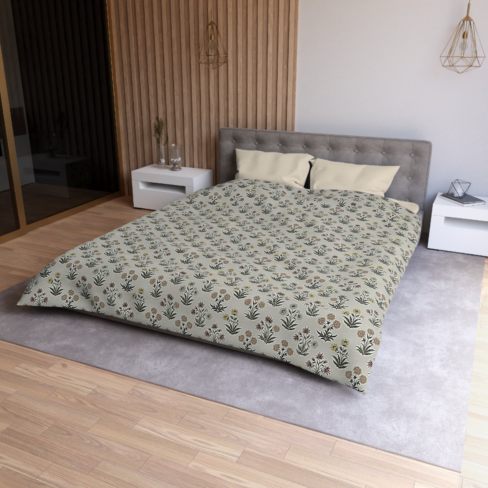 Floral Folk Pattern Duvet Cover — Neutral Microfiber Bedding - Creations by Chris and Carlos