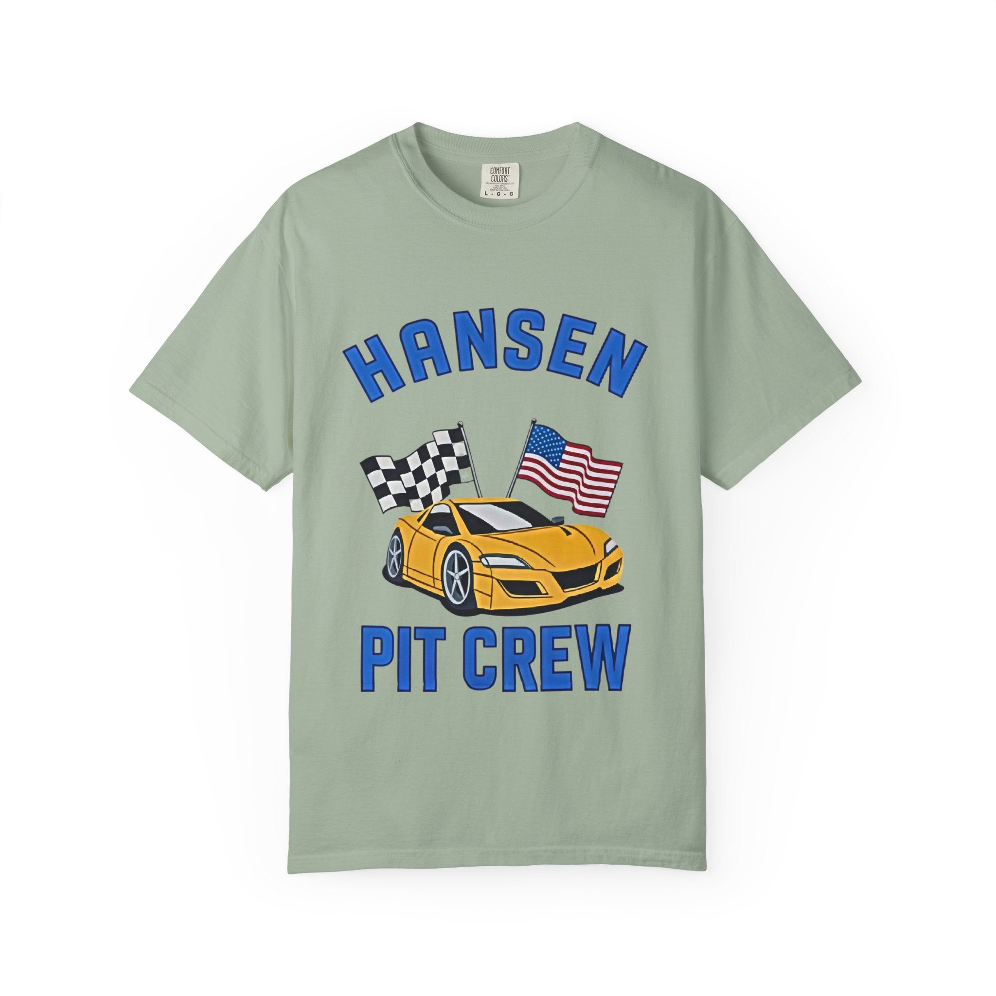 The Pitt TV Show Pit Crew Racing T‑Shirt — 'Hansen' Sports Car with Checkered Flag & American Flag - Creations by Chris and Carlos