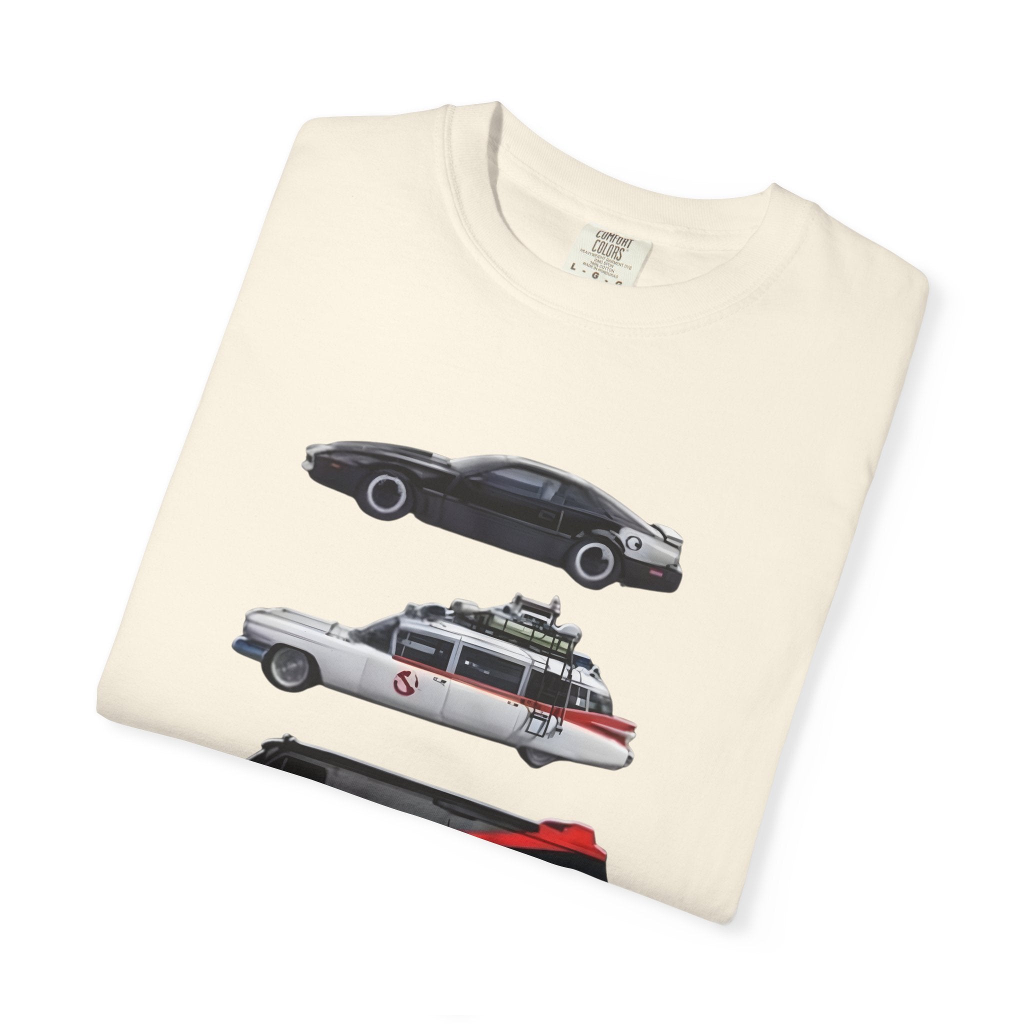 Classic TV Movie Car Stack T-Shirt — KITT, Ghostbusters, A-Team & DeLorean Tribute - Creations by Chris and Carlos