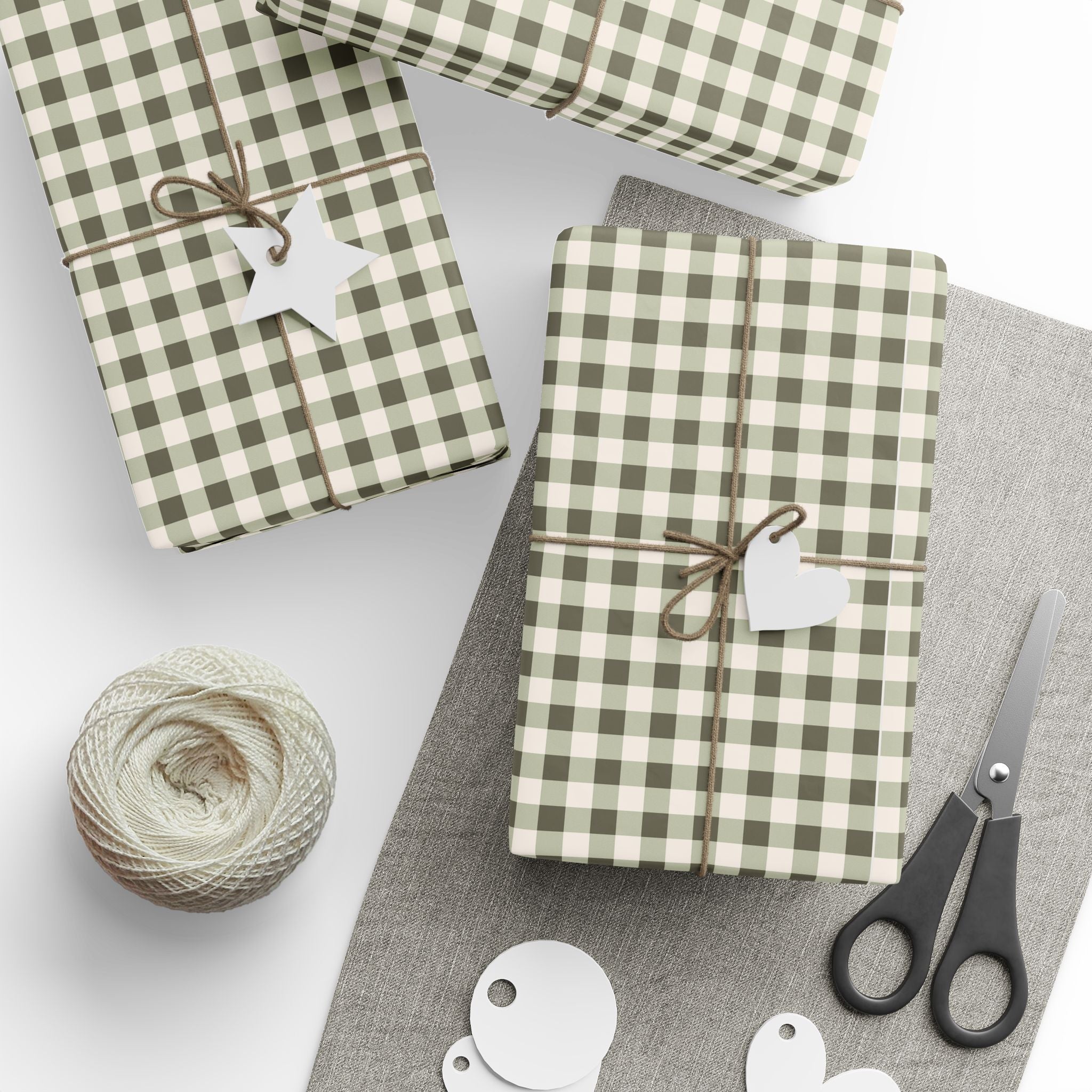 Gingham Plaid Wrapping Paper Roll — Neutral Green Check Holiday Gift Wrap - Creations by Chris and Carlos