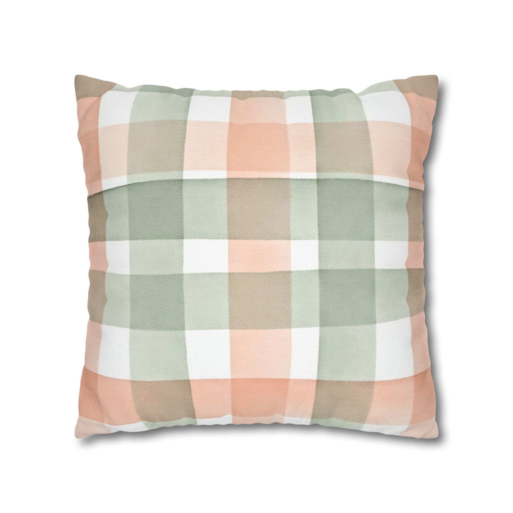 The Artisanal Flora Gallery Pastel Buffalo Check Pillowcase — Peach & Sage Plaid Square Pillow Cover - Creations by Chris and Carlos