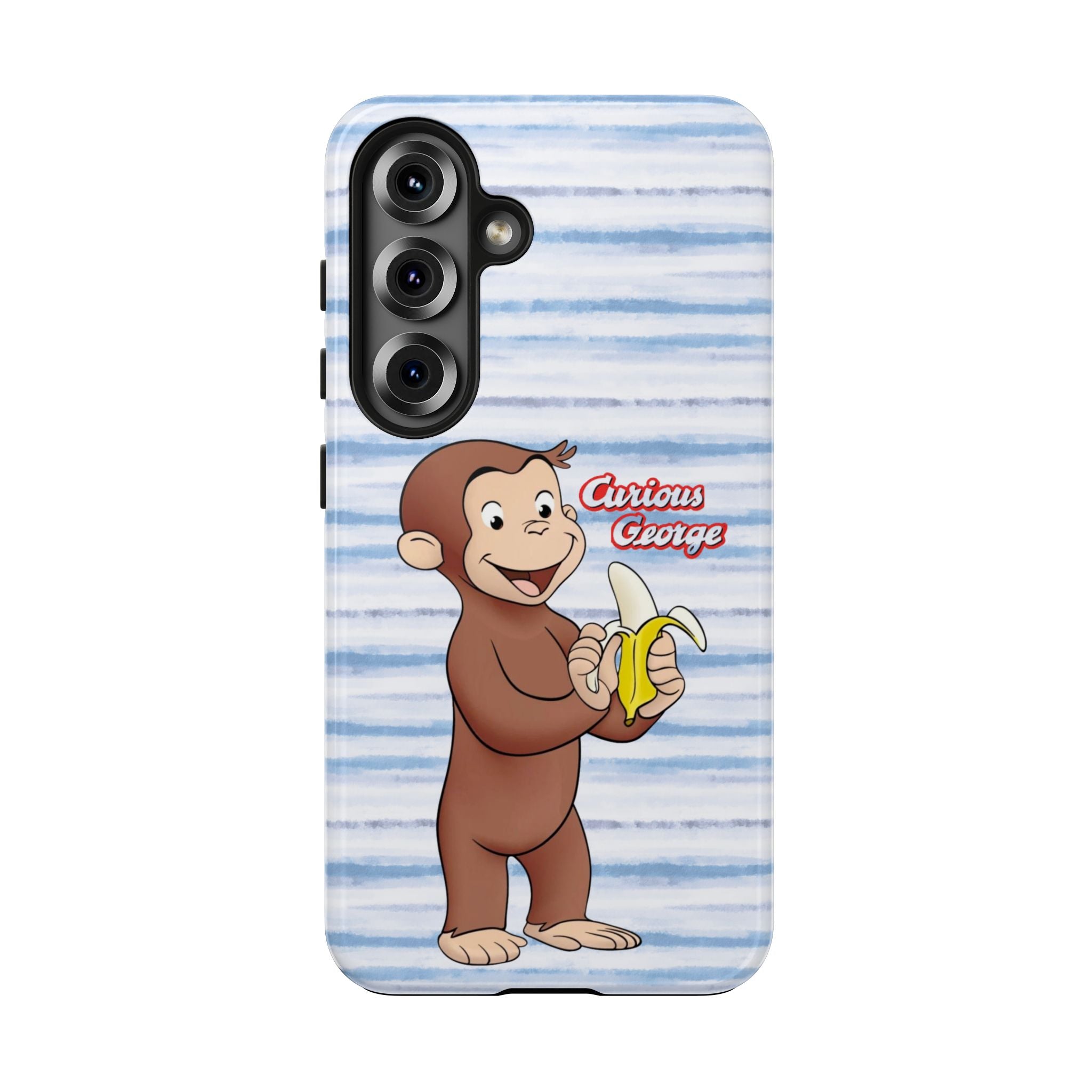 Curious George Banana Tough Phone Case — Cute Kids iPhone Cover, Blue Stripe Protective Case - Creations by Chris and Carlos