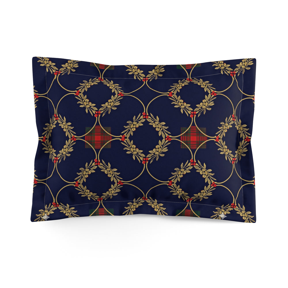 Holiday Laurel Wreath Plaid Pillow Sham — Navy Christmas Decorative Pillowcase