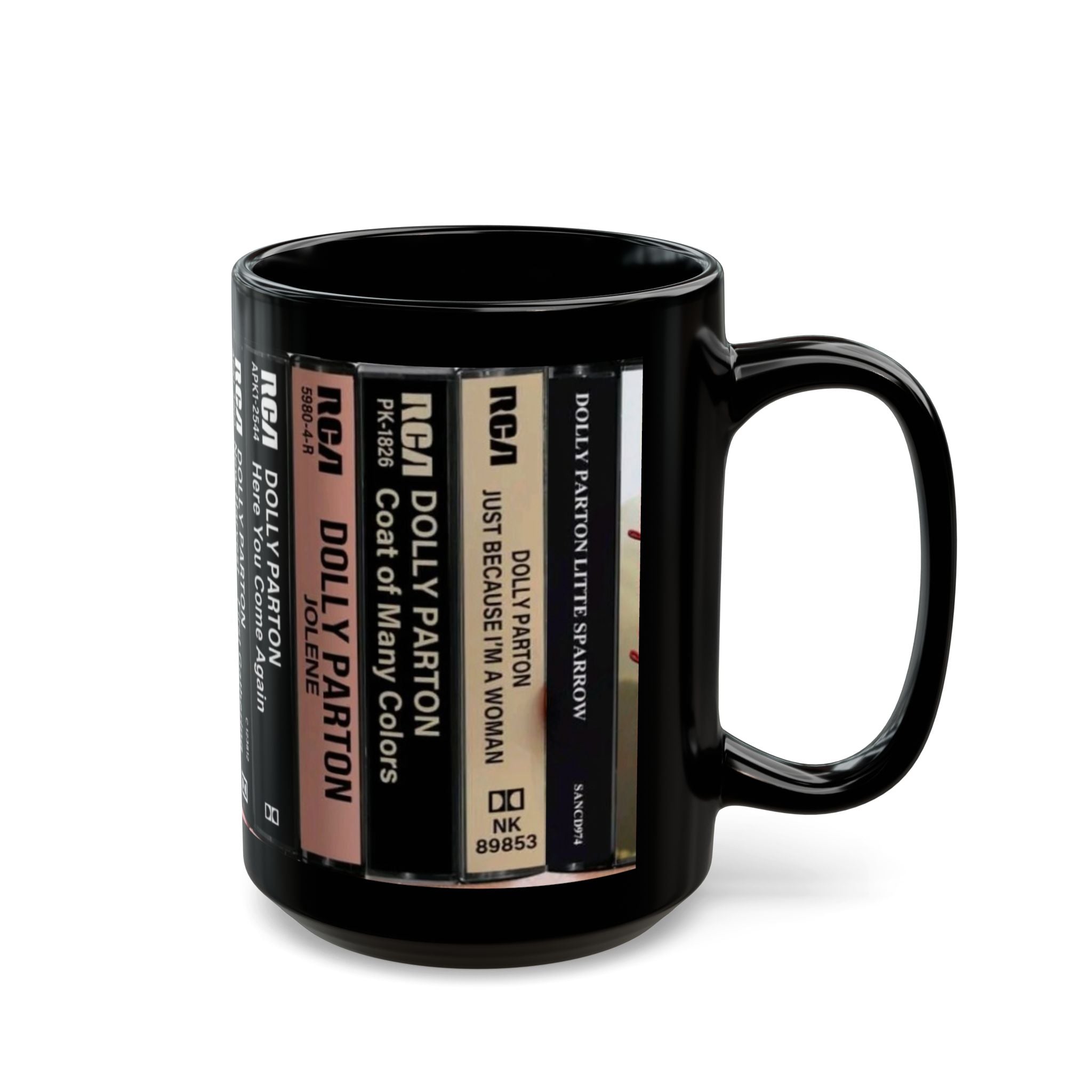 Dolly Parton Cassette Tape Spine Black Mug — Retro Music Coffee Cup (11oz/15oz) - Creations by Chris and Carlos