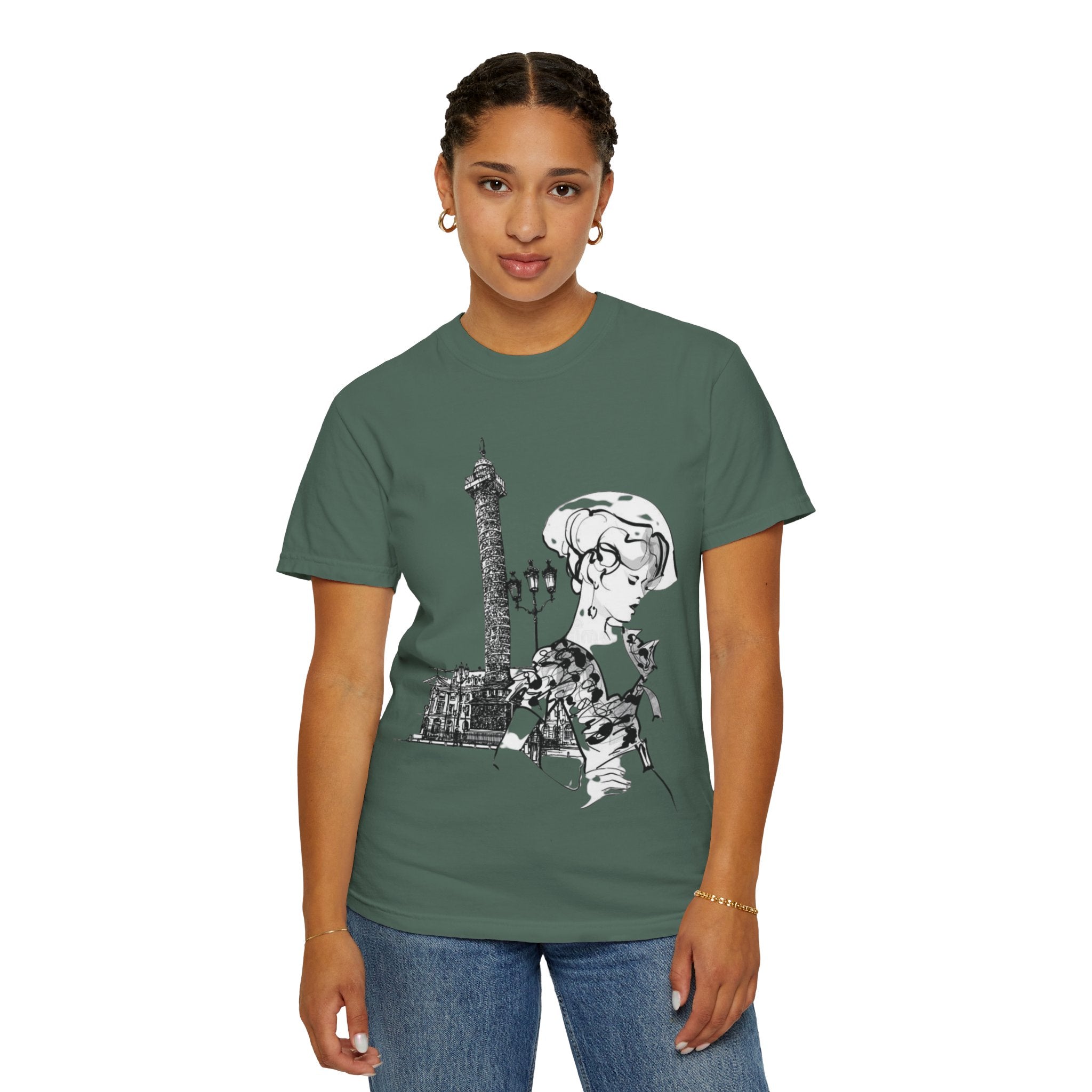 Parisian Vintage Illustration T-Shirt — Eiffel Tower & Chic Lady Tee - Creations by Chris and Carlos