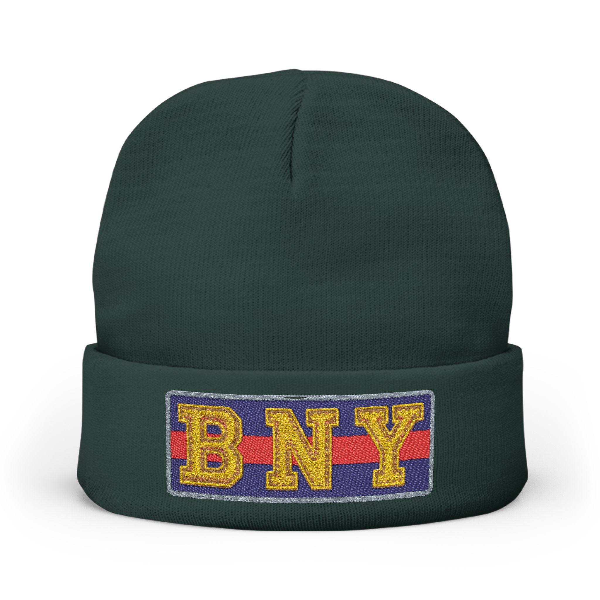 BNY Embroidered Knit Beanie – Vintage Letter Patch Winter Hat - Creations by Chris and Carlos