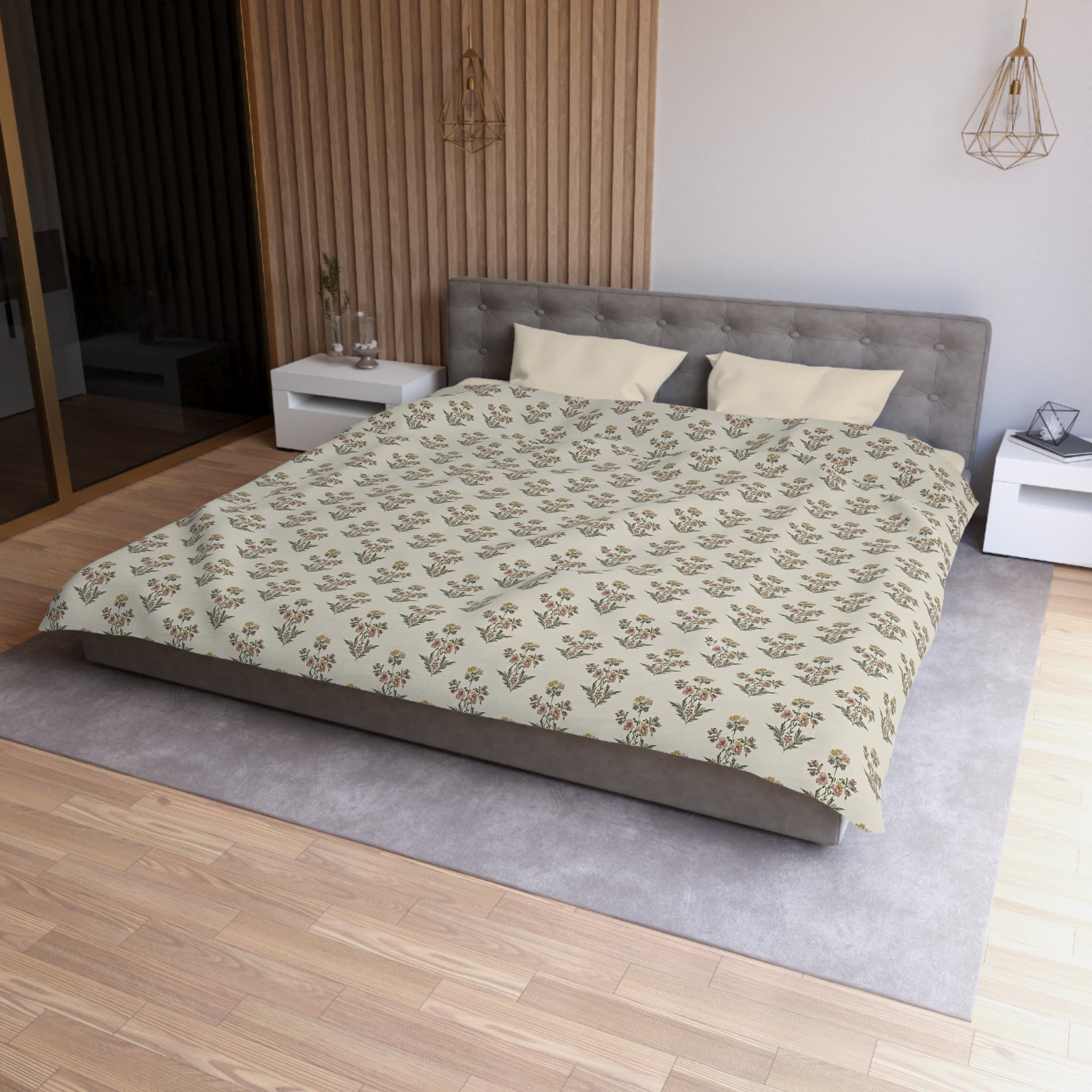 Neutral Floral Pattern Microfiber Duvet Cover — Minimal Boho Bedding - Creations by Chris and Carlos