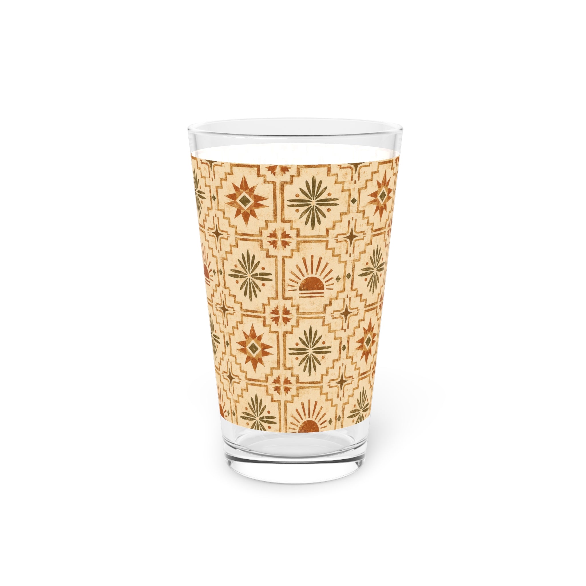 Pint Glass — Southwestern Geometric 16oz Beer Glass (Desert Sun Tile Pattern) - Creations by Chris and Carlos
